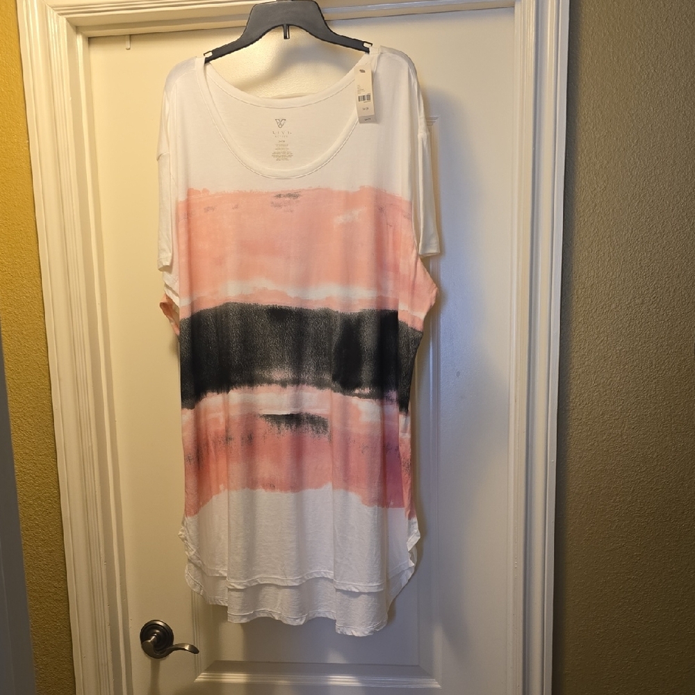 Lane Bryant White Tunic Top with Pink and Black Stripe Tie-Dye